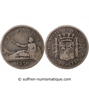 ESPAGNE, GOUVERNEMENT PROVISOIRE - 2 PESETAS ARGENT 1870 DEM