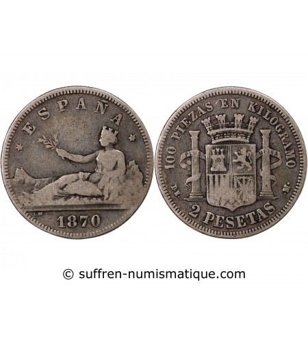 ESPAGNE, GOUVERNEMENT PROVISOIRE - 2 PESETAS ARGENT 1870 DEM