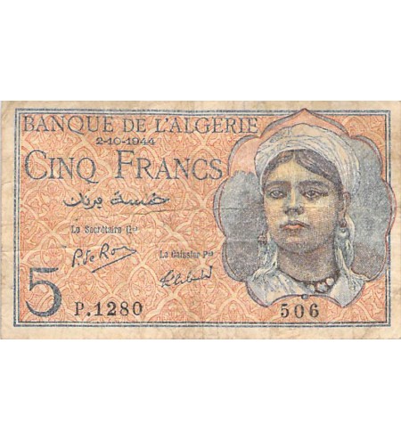 ALGERIE - 5 FRANCS 02/10/1944 - TB