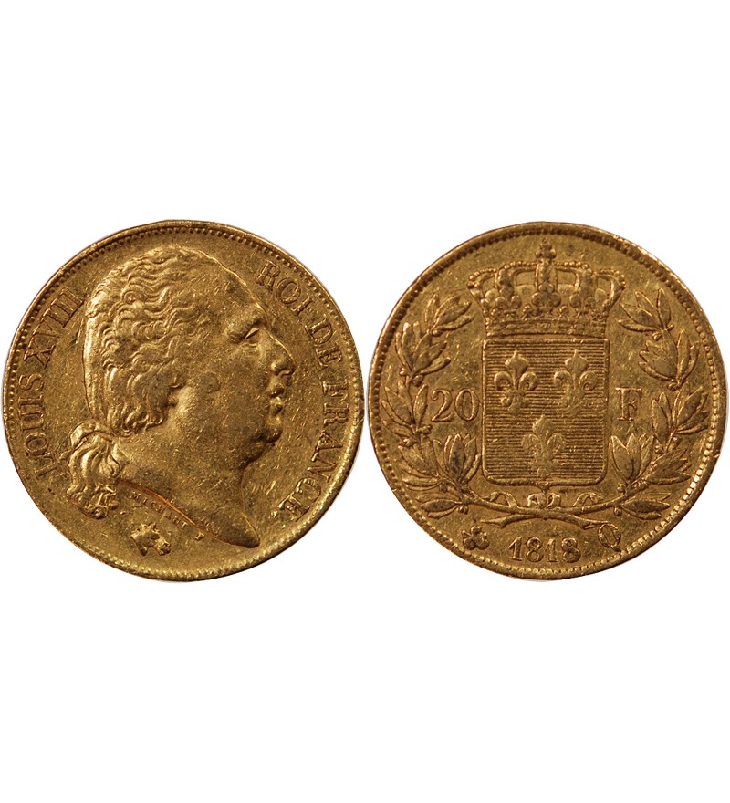 LOUIS XVIII - 20 FRANCS OR 1818 Q PERPIGNAN