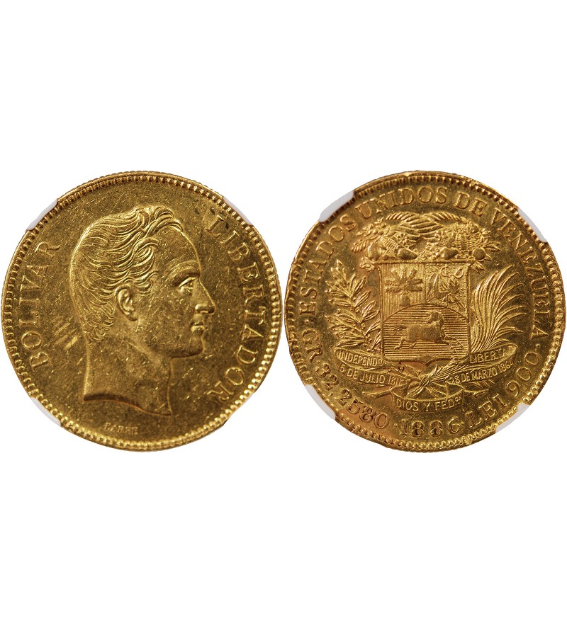 VENEZUELA, SIMON BOLIVAR - 100 BOLIVARES OR 1886 - NGC AU55