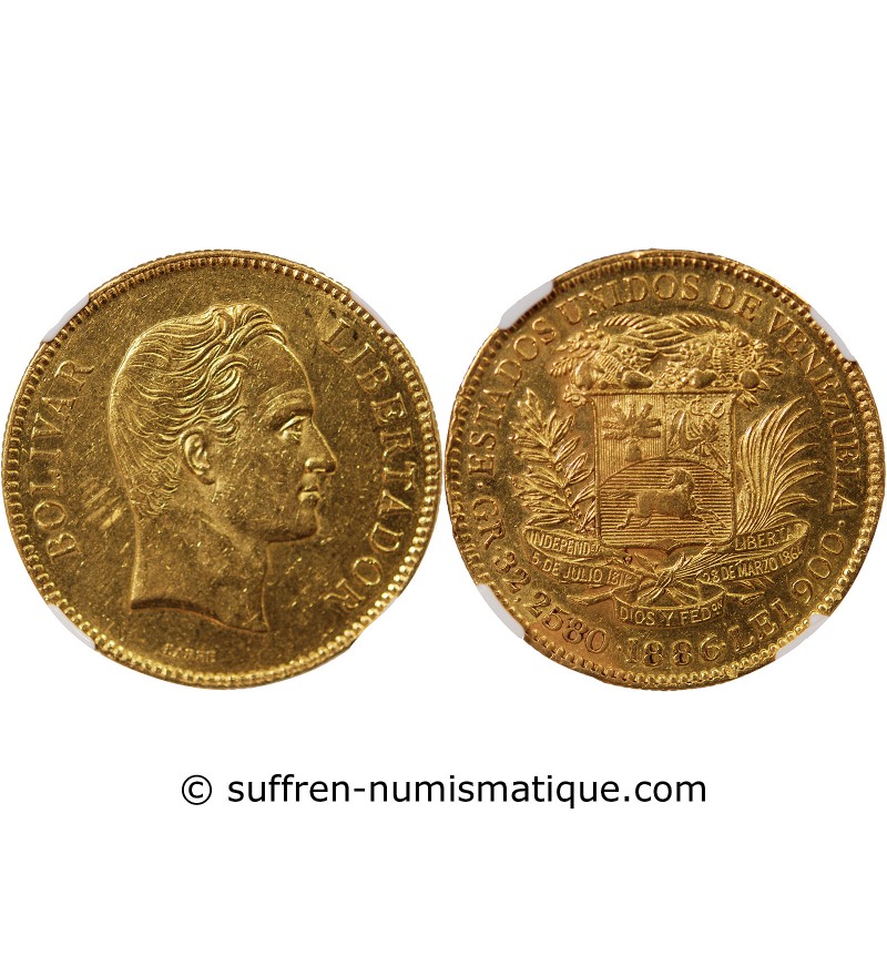 VENEZUELA, SIMON BOLIVAR - 100 BOLIVARES OR 1886 - NGC AU55