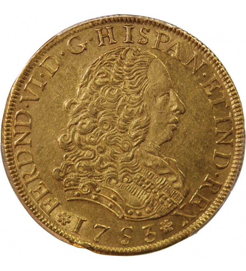 PEROU, FERDINAND VI - 8 ESCUDOS OR LMJ - PCGS AU53