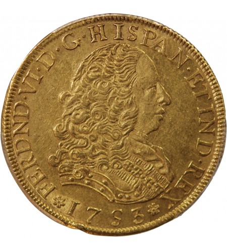 PEROU, FERDINAND VI - 8 ESCUDOS OR LMJ - PCGS AU53