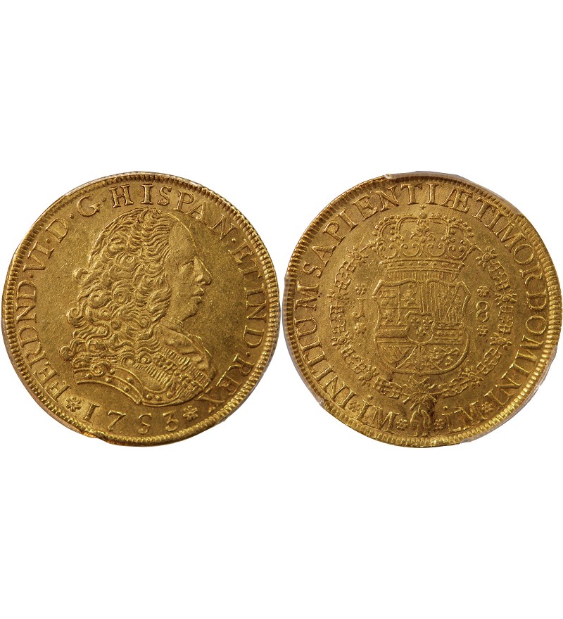 PEROU, FERDINAND VI - 8 ESCUDOS OR LMJ - PCGS AU53