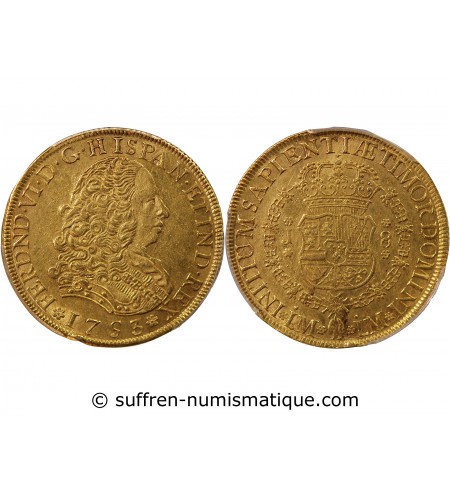 PEROU, FERDINAND VI - 8 ESCUDOS OR LMJ - PCGS AU53