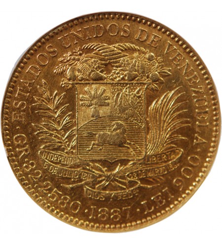 VENEZUELA, SIMON BOLIVAR - 100 BOLIVARES OR 1887 - NGC AU50