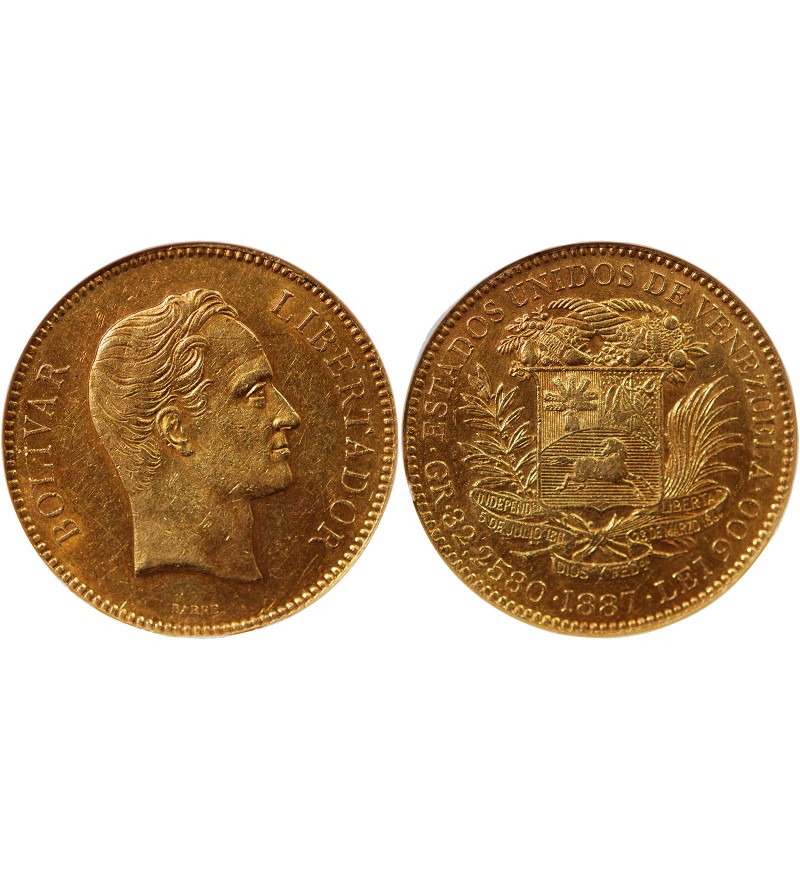 VENEZUELA, SIMON BOLIVAR - 100 BOLIVARES OR 1887 - NGC AU50