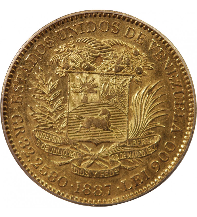 VENEZUELA, SIMON BOLIVAR - 100 BOLIVARES OR 1887 - PCGS AU55