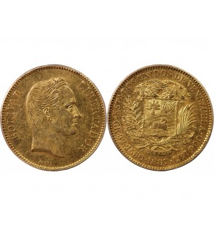 VENEZUELA, SIMON BOLIVAR - 100 BOLIVARES OR 1887 - PCGS AU55 2