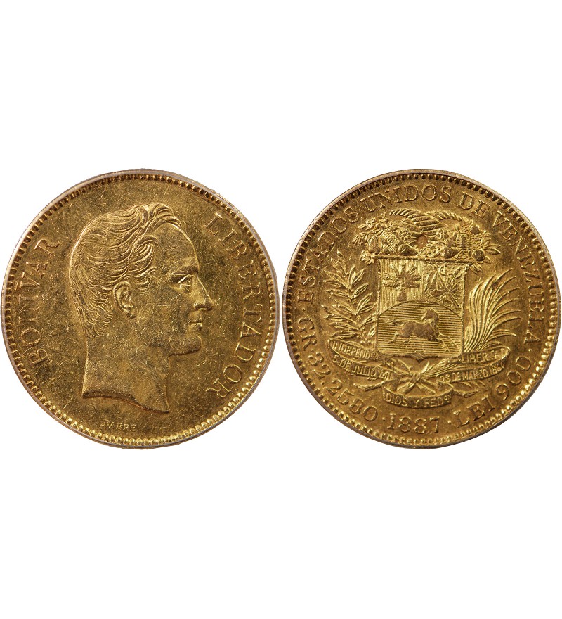 VENEZUELA, SIMON BOLIVAR - 100 BOLIVARES OR 1887 - PCGS AU55