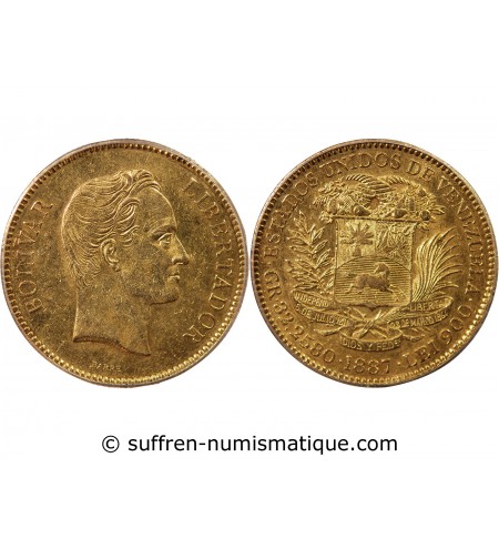 VENEZUELA, SIMON BOLIVAR - 100 BOLIVARES OR 1887 - PCGS AU55