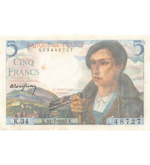 FRANCE, BERGER - 5 FRANCS 22/07/1943 - SÉRIE K.34 - TTB+
