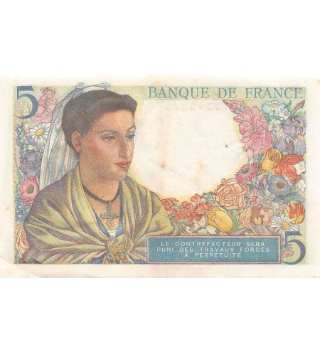 FRANCE, BERGER - 5 FRANCS 22/07/1943 - SÉRIE J.34 - TTB+