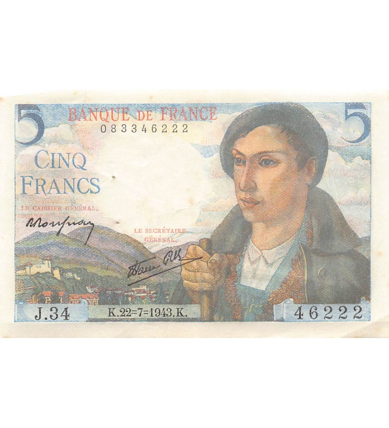 FRANCE, BERGER - 5 FRANCS 22/07/1943 - SÉRIE J.34 - TTB+