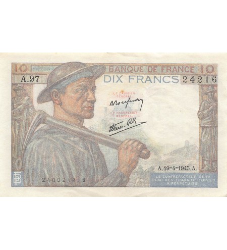 FRANCE, MINEUR - 10 FRANCS 19/04/1945 - SERIE A.97 - TTB+