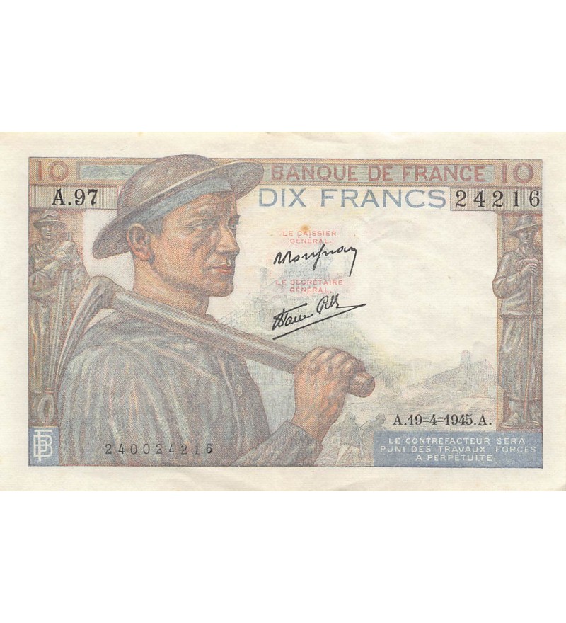 FRANCE, MINEUR - 10 FRANCS 19/04/1945 - SERIE A.97 - TTB+