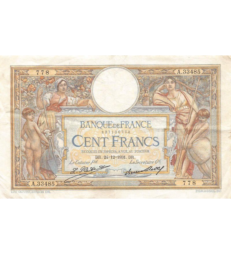 FRANCE, LUC-OLIVIER MERSON - 100 FRANCS 24/12/1931 - SÉRIE A.33485 - TTB