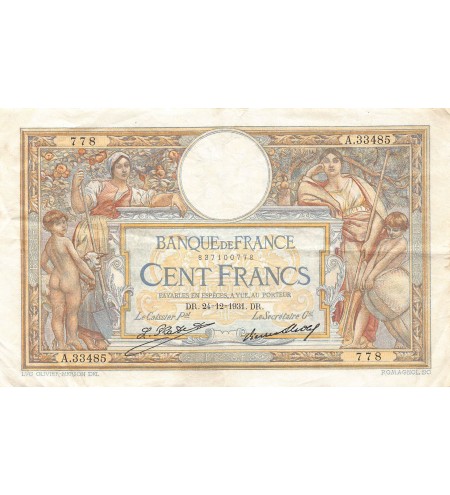 FRANCE, LUC-OLIVIER MERSON - 100 FRANCS 24/12/1931 - SÉRIE A.33485 - TTB