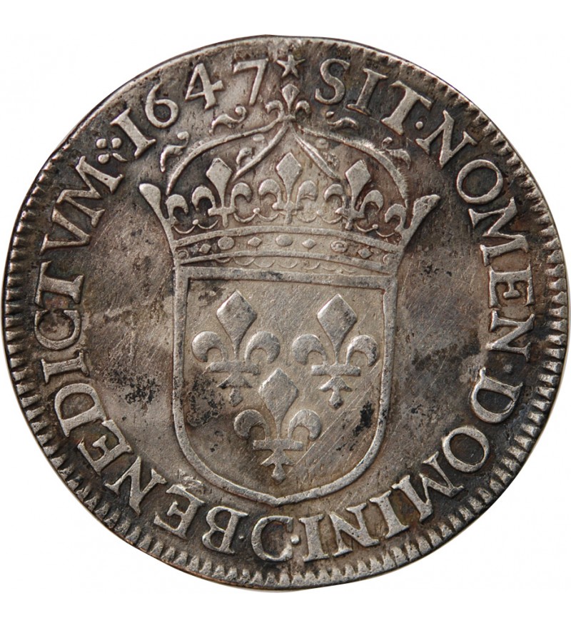 LOUIS XIV﻿ - 1/2 ECU ARGENT A LA MECHE LONGUE 1647 C SAINT-LÔ