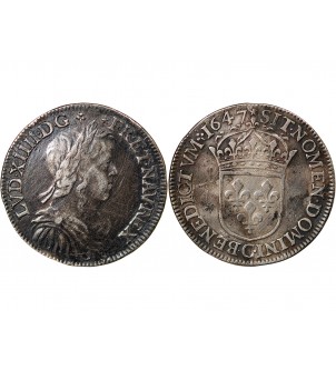 LOUIS XIV﻿ - 1/2 ECU ARGENT A LA MECHE LONGUE 1647 C SAINT-LÔ 2