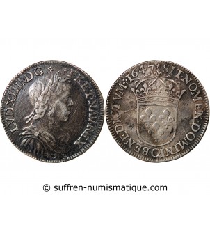 LOUIS XIV﻿ - 1/2 ECU ARGENT A LA MECHE LONGUE 1647 C SAINT-LÔ
