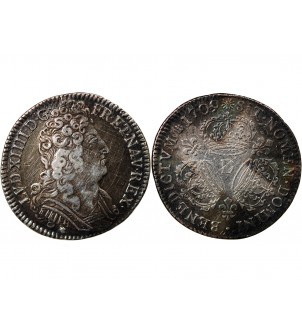 LOUIS XIV﻿ - 1/4 ECU ARGENT AUX TROIS COURONNES 1709 D LYON 2
