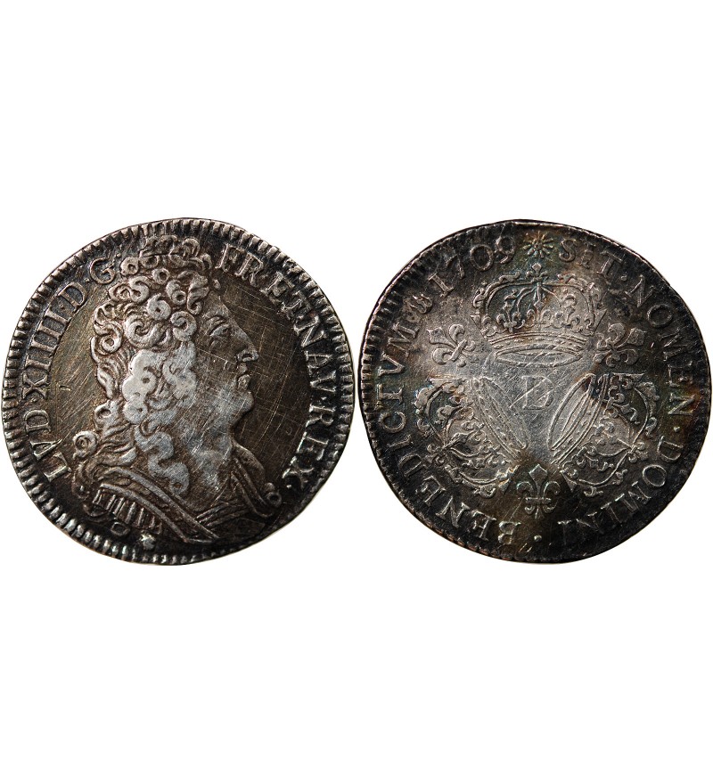 LOUIS XIV﻿ - 1/4 ECU ARGENT AUX TROIS COURONNES 1709 D LYON