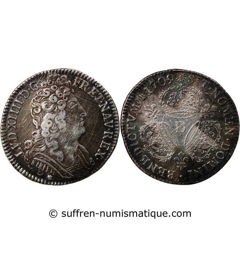 LOUIS XIV﻿ - 1/4 ECU ARGENT AUX TROIS COURONNES 1709 D LYON