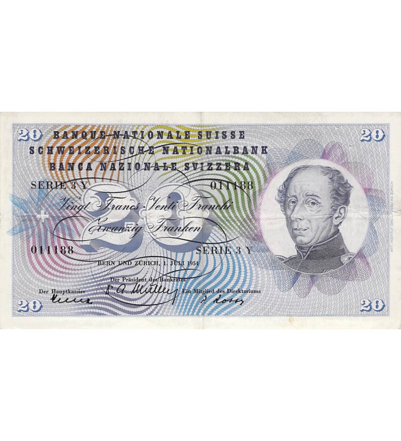 SUISSE, GENERAL DUFOUR - 20 FRANCS 01/07/1954 - TTB