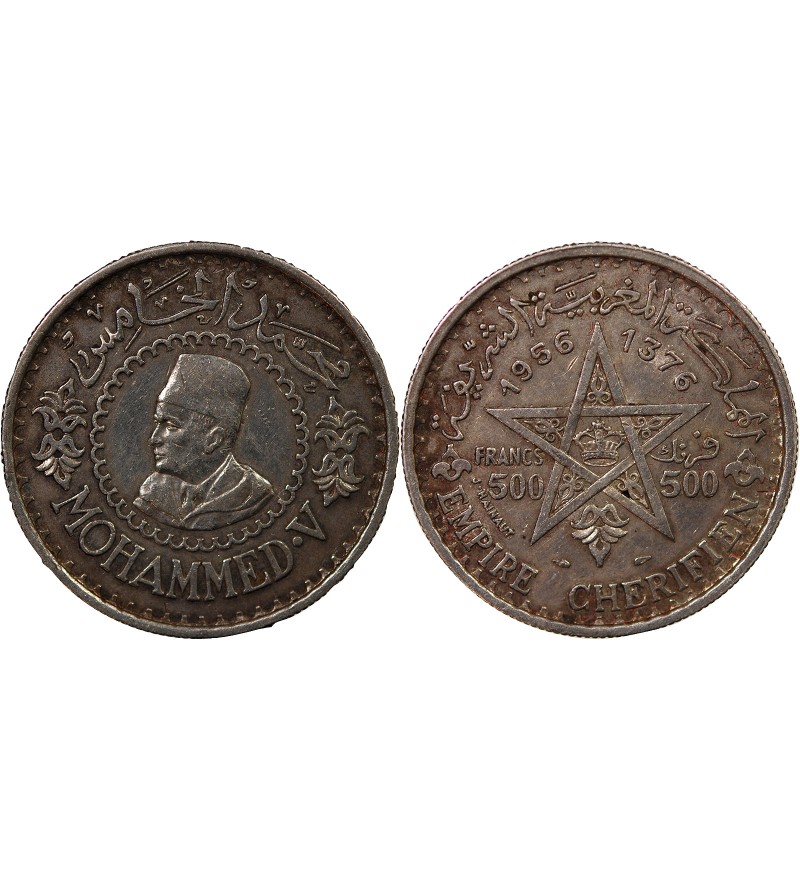 MAROC, MOHAMMED V - 500 FRANCS ARGENT 1376 (1956)