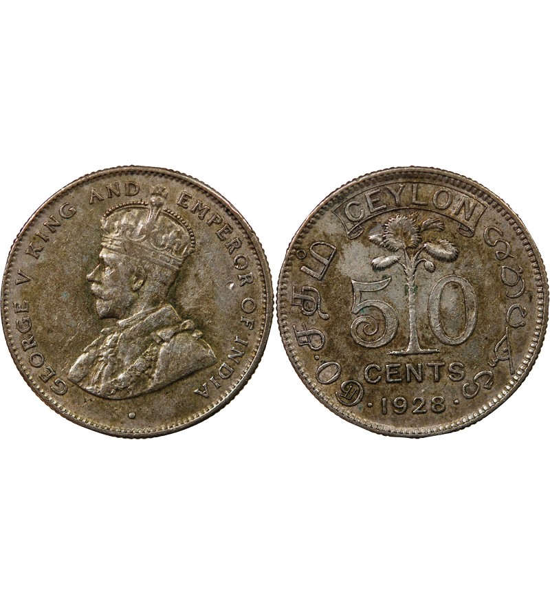 CEYLAN, GEORGES V - 50 CENTS ARGENT 1928
