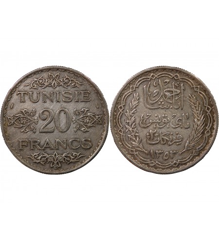 TUNISIE, AHMAD PASHA - 20 FRANCS ARGENT 1353 (1935)
