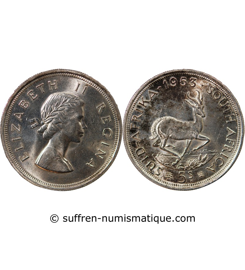 AFRIQUE DU SUD, ELISABETH II -  5 SHILLINGS ARGENT 1953