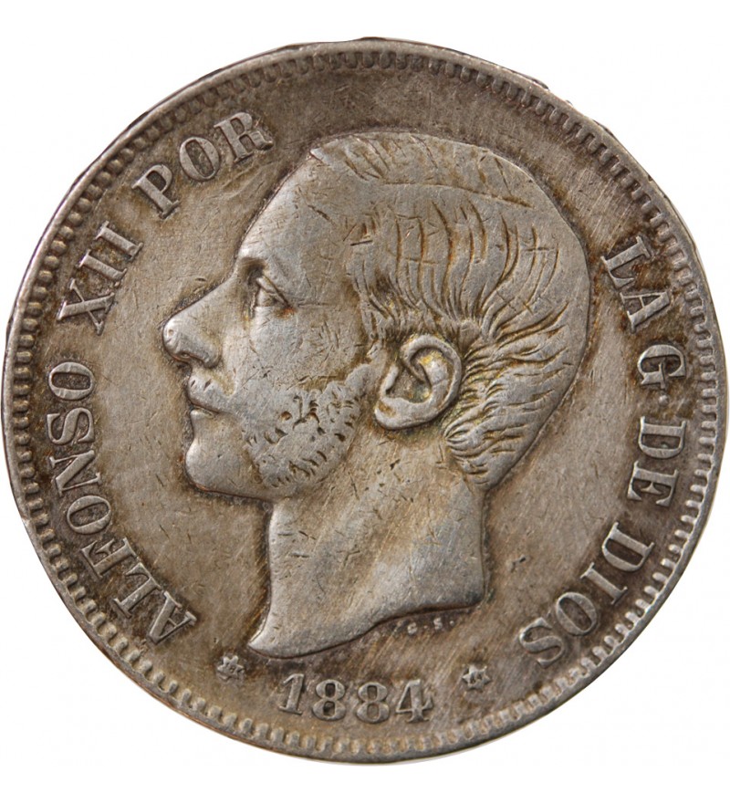 ESPAGNE, ALPHONSE XII - 5 PESETAS ARGENT 1884 MSM