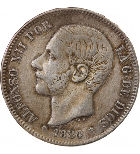 ESPAGNE, ALPHONSE XII - 5 PESETAS ARGENT 1884 MSM