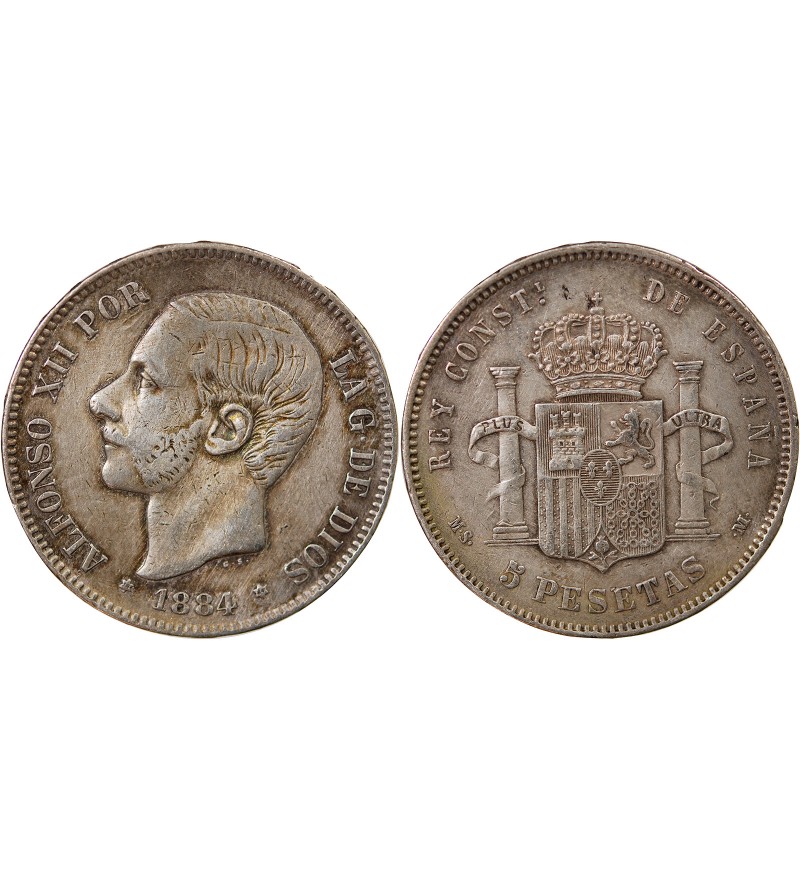 ESPAGNE, ALPHONSE XII - 5 PESETAS ARGENT 1884 MSM
