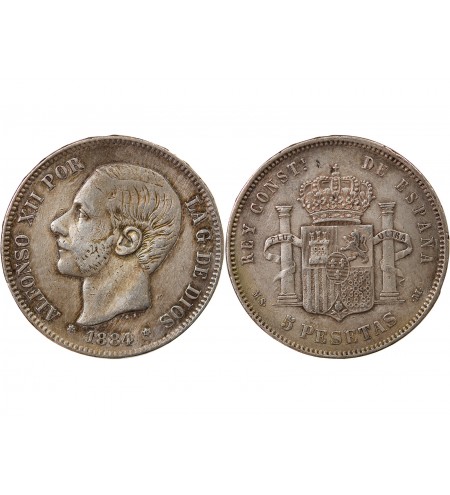 ESPAGNE, ALPHONSE XII - 5 PESETAS ARGENT 1884 MSM