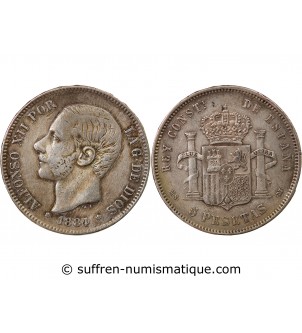 ESPAGNE, ALPHONSE XII - 5 PESETAS ARGENT 1884 MSM