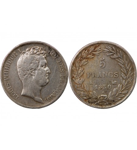 LOUIS PHILIPPE - 5 FRANCS 1830 K BORDEAUX "Tranche en creux"