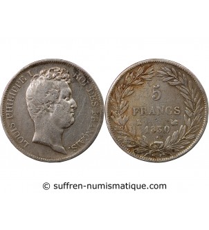 LOUIS PHILIPPE - 5 FRANCS 1830 K BORDEAUX "Tranche en creux"