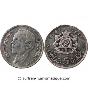 MAROC, HASSAN II - 5 DIRHAMS ARGENT 1384 (1965)