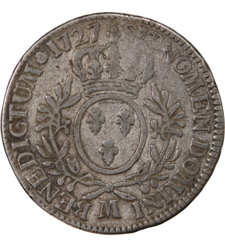 LOUIS XV - ÉCU ARGENT AUX BRANCHES D'OLIVIER 1727 M TOULOUSE