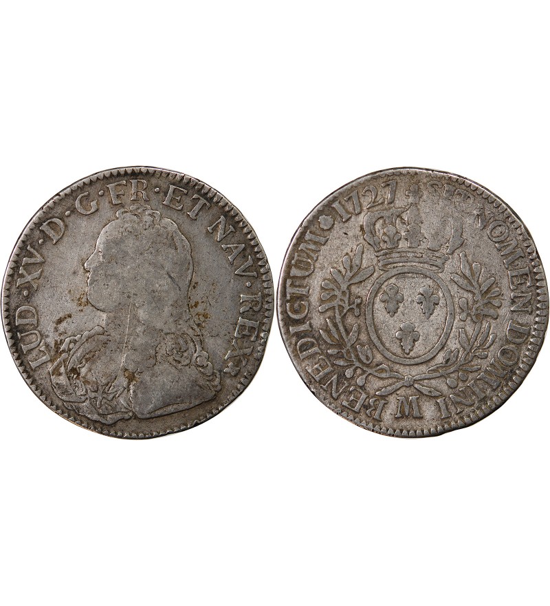 LOUIS XV - ÉCU ARGENT AUX BRANCHES D'OLIVIER 1727 M TOULOUSE