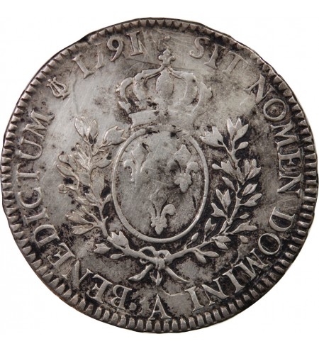 LOUIS XVI - ÉCU ARGENT AUX BRANCHES D'OLIVIER 1791 A PARIS