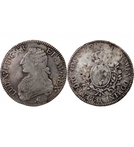 LOUIS XVI - ÉCU ARGENT AUX BRANCHES D'OLIVIER 1791 A PARIS