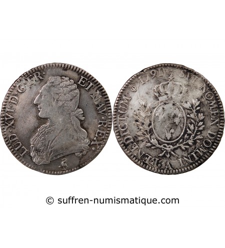 LOUIS XVI - ÉCU ARGENT AUX BRANCHES D'OLIVIER 1791 A PARIS