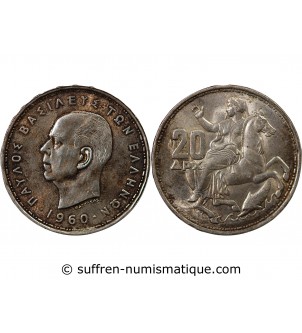 GRÈCE, PAUL Ier - 20 DRACHME ARGENT 1960