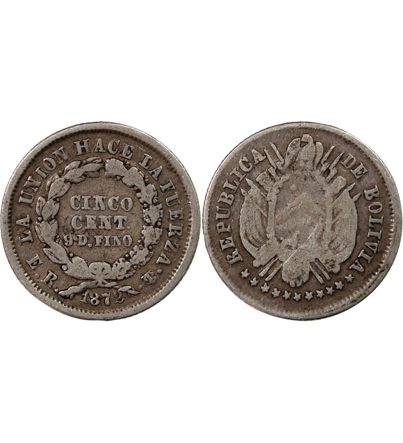 BOLIVIE - 5 CENTAVOS ARGENT 1872 ER