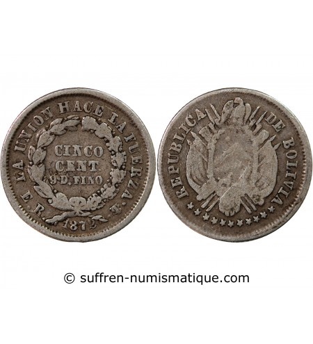 BOLIVIE - 5 CENTAVOS ARGENT 1872 ER